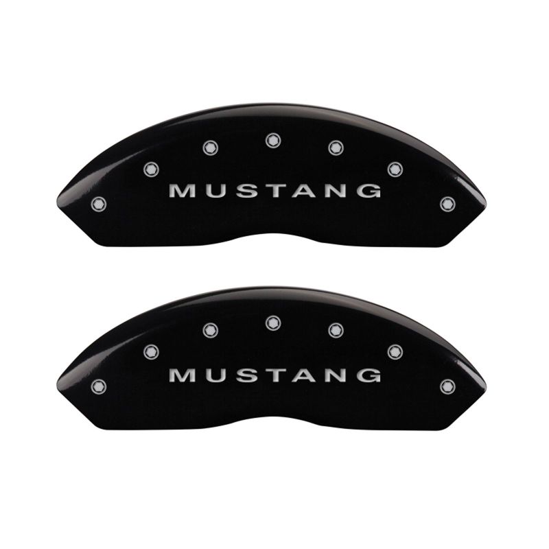 10-14 Ford Mustang MGP 10198SMBPBK 4 Caliper Covers Engraved Front Mustang Engraved Rear Bar & Pony Black Finish Silver Character