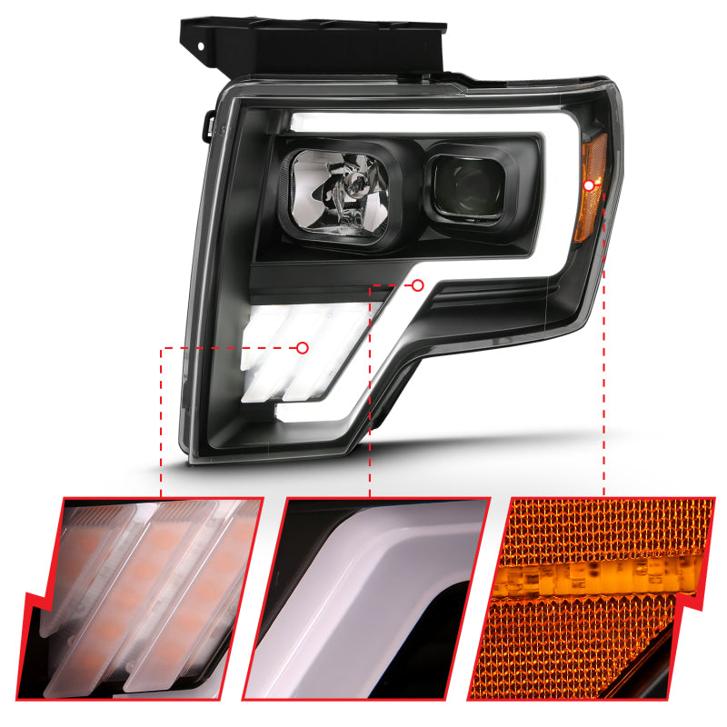 09-14 Ford F-150 ANZO 111469 Projector Plank Style Headlights - Black w/ Switchback Signal (For Halogen Model)