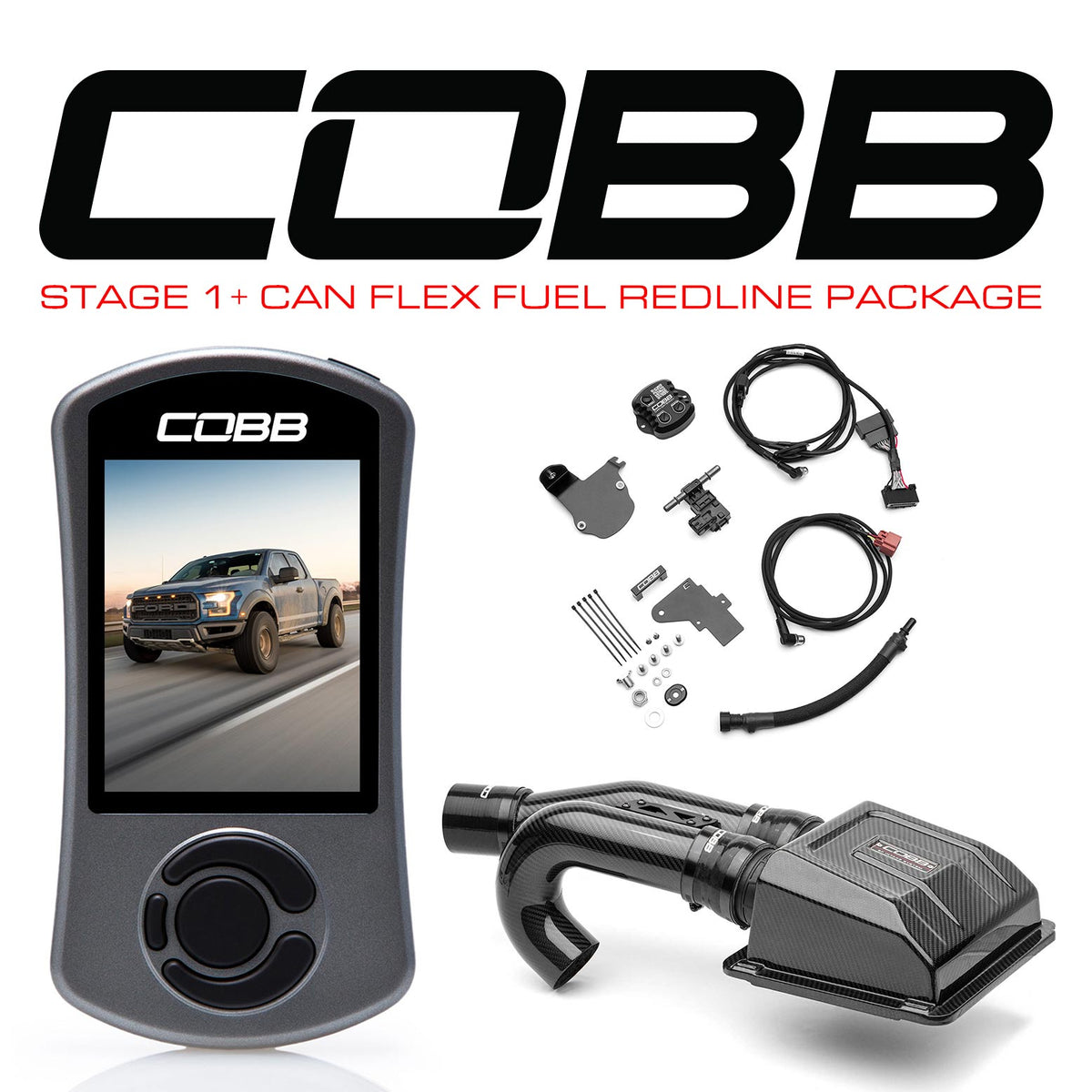 COBB Tuning 005001P-TCM-RED-FF Stage 1 + CAN Flex Fuel Redline Carbon Fiber Power Package with TCM Ford F-150 Raptor Ecoboost