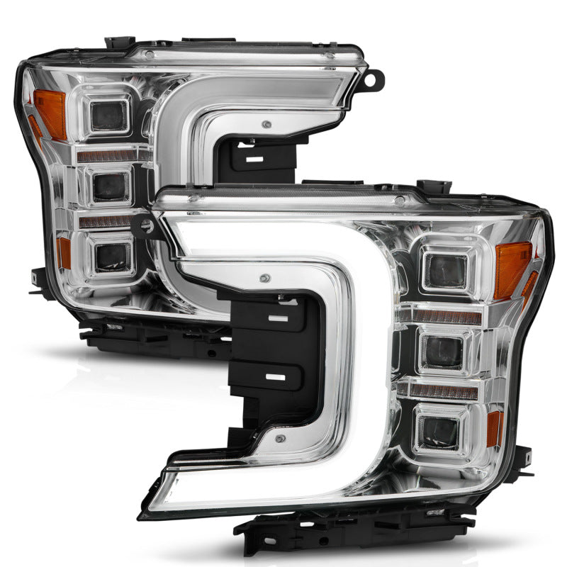 18-20 Ford F-150 ANZO 111521 Full LED C-Bar Projector Headlights - Chrome w/ Sequential Signal (Factory Halogen Model)