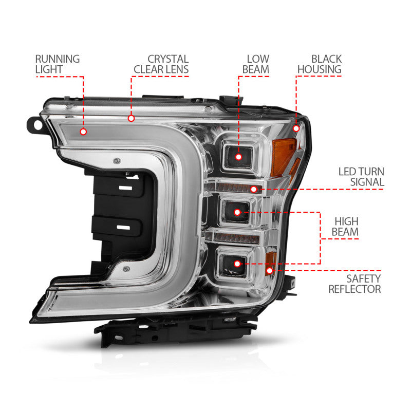 18-20 Ford F-150 ANZO 111521 Full LED C-Bar Projector Headlights - Chrome w/ Sequential Signal (Factory Halogen Model)