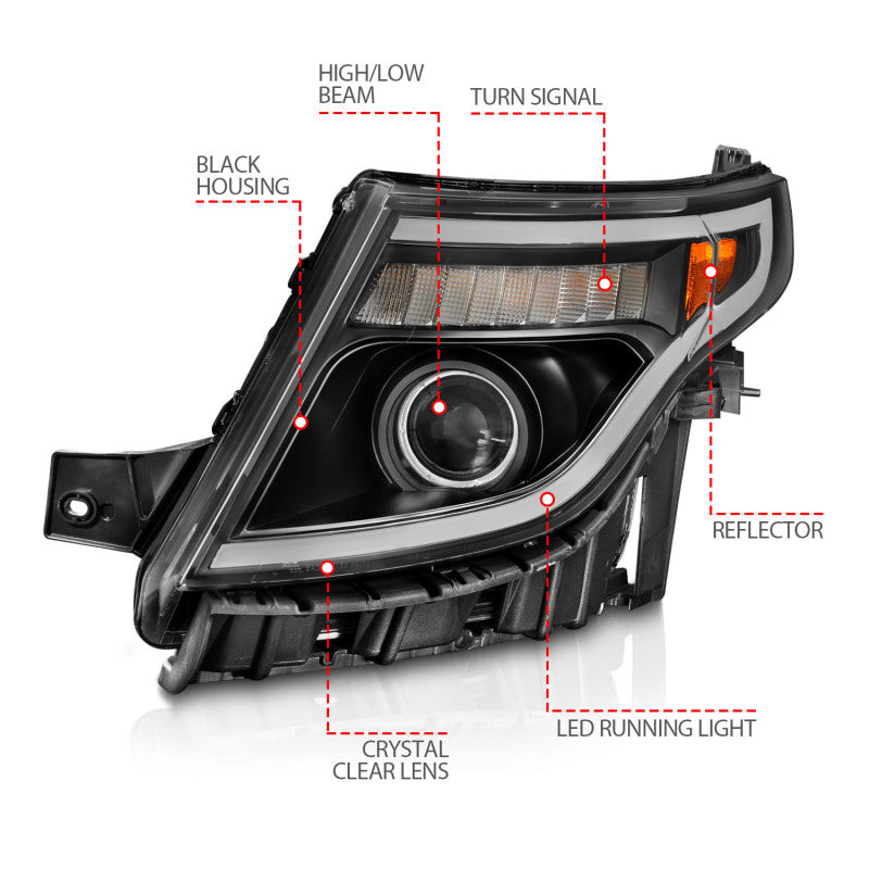 11-15 Ford Explorer ANZO 111575 (w/Factory Halogen HL Only)Projector Headlights w/Light Bar Black Housing