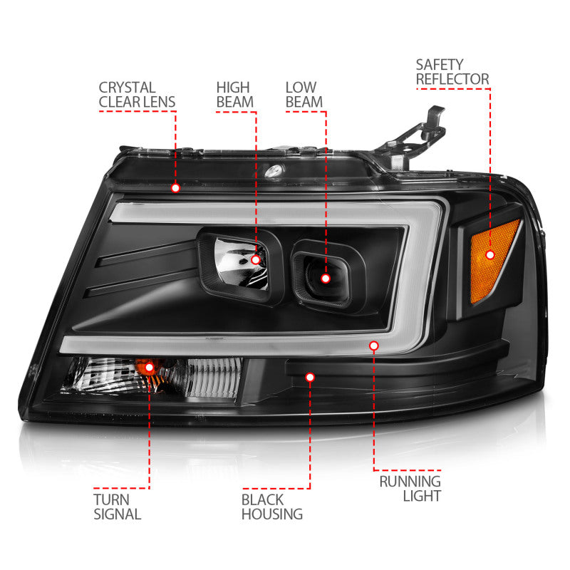 04-08 Ford F-150 ANZO 111541 Projector Headlights w/ Light Bar Black Housing