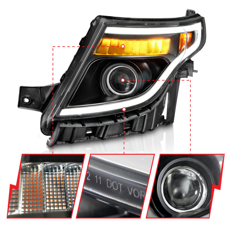 11-15 Ford Explorer ANZO 111575 (w/Factory Halogen HL Only)Projector Headlights w/Light Bar Black Housing