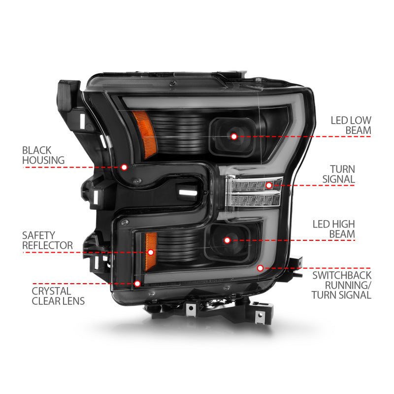 15-17 Ford F-150 ANZO 111547 Full LED Projector Plank Style Switchback Headlights - Black (For Halogen Models Only)
