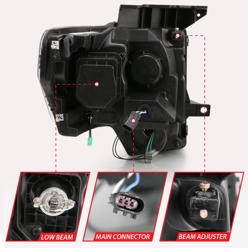 09-14 Ford F-150 ANZO 111469 Projector Plank Style Headlights - Black w/ Switchback Signal (For Halogen Model)