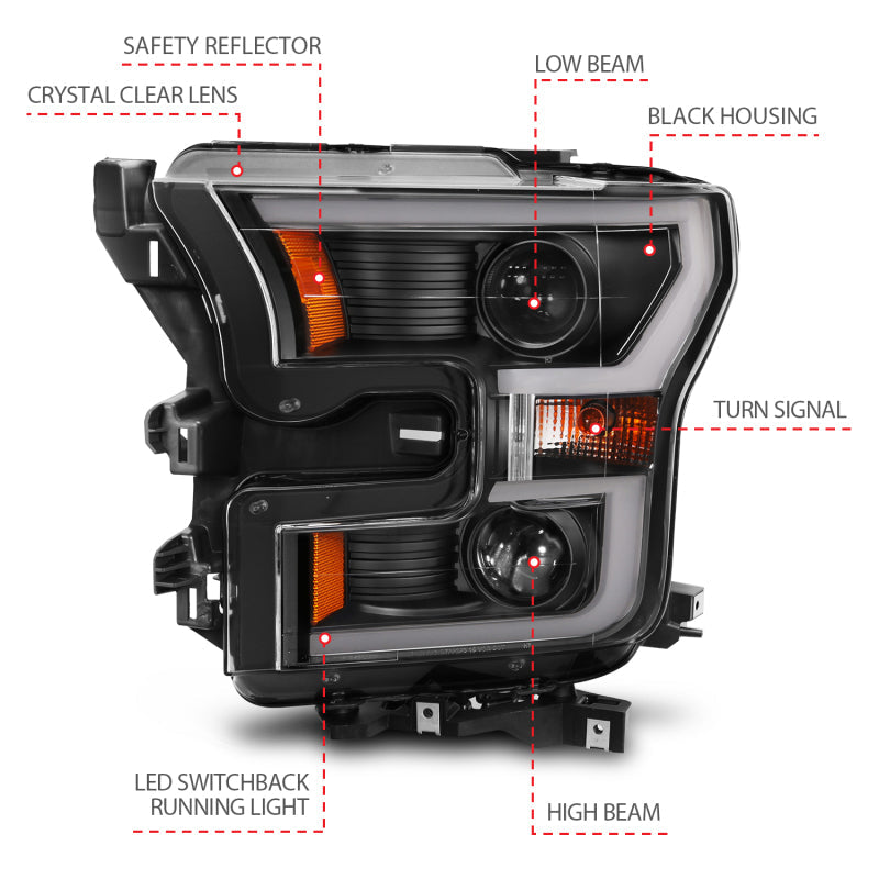 15-20 Ford F-150 V6/V8 Anzo 111357 Projector Plank Style Switchback Headlights Black / Amber