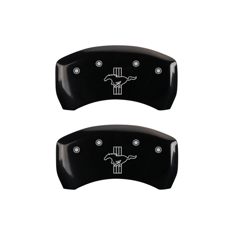 10-14 Ford Mustang MGP 10198SMBPBK 4 Caliper Covers Engraved Front Mustang Engraved Rear Bar & Pony Black Finish Silver Character