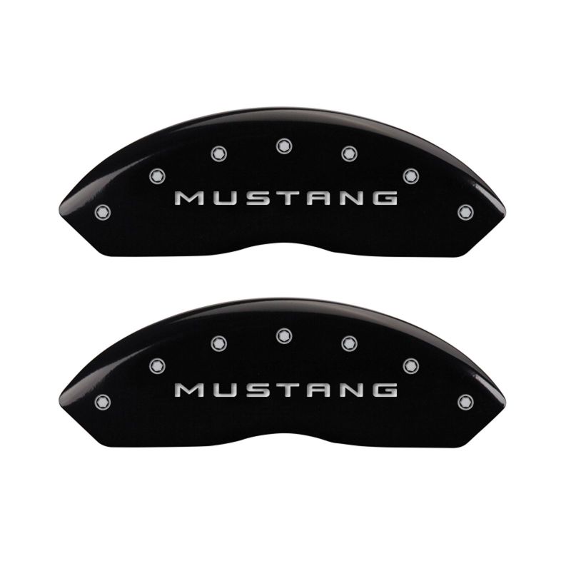 10-14 Ford Mustang MGP 10198SM50BK 4 Caliper Covers Engraved Front Mustang Engraved Rear 5.0 Black Finish Silver Character