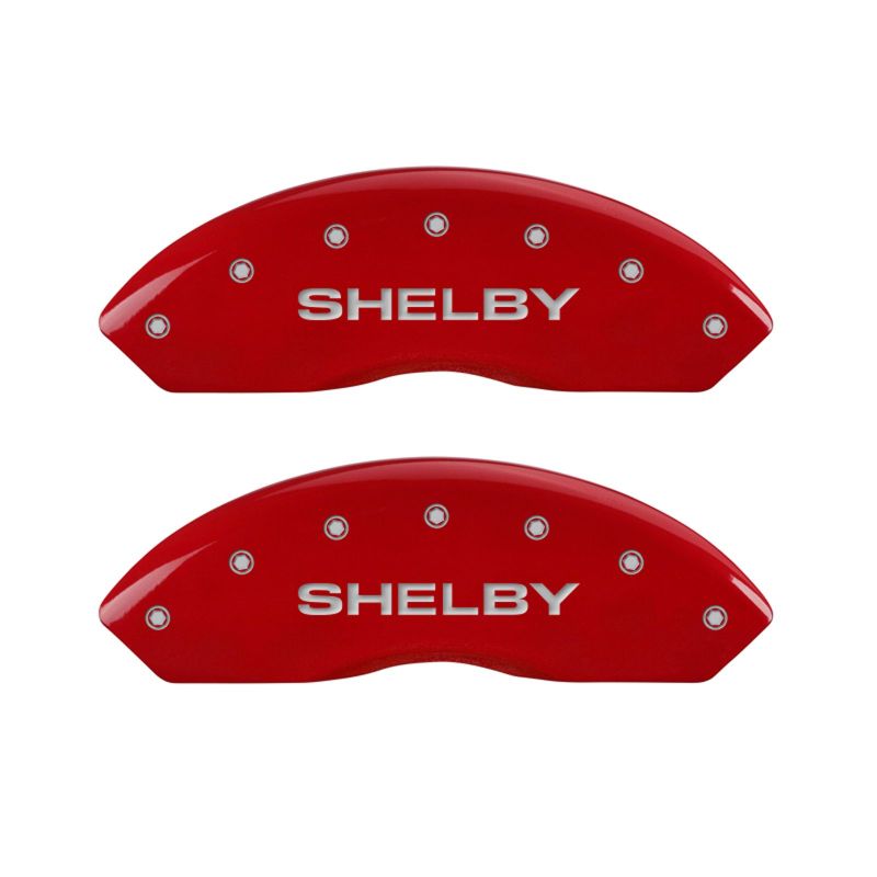 10-14 Ford Mustang MGP 10198SSBYRD 4 Caliper Covers Engraved Front Shelby Engraved Rear Tiffany Snake Red Finish Silver Character