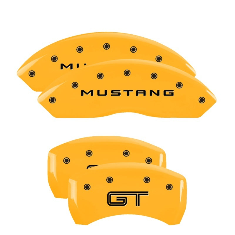 10-14 Ford Mustang MGP 10198SMGTYL 4 Caliper Covers Engraved Front Mustang Engraved Rear GT Yellow Finish Black Character