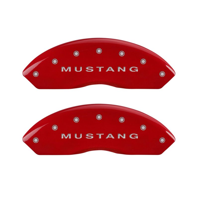10-14 Ford Mustang MGP 10198SMBPRD 4 Caliper Covers Engraved Front Mustang Engraved Rear Bar & Pony Red Finish Silver Character