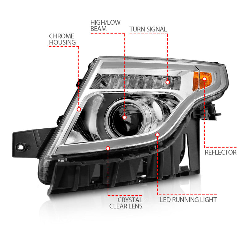 11-15 Ford Explorer ANZO 111576 Projector Headlights w/Light Bar Chrome Housing w/Amber light