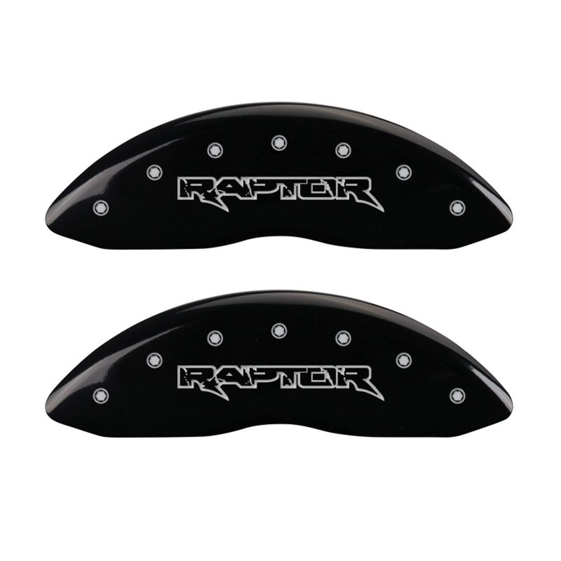 10-11 Ford F-150 MGP 10213SRPTBK 4 Caliper Covers Engraved Front & Rear Raptor Black Finish Silver Character