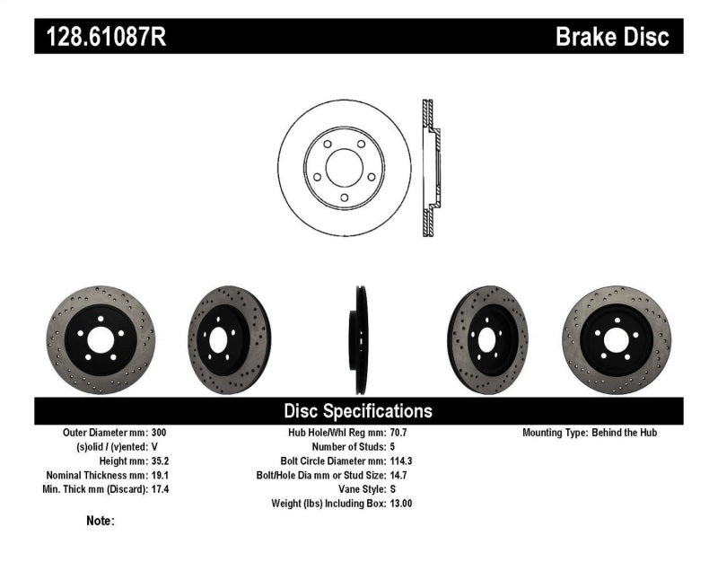 05-14 Ford Mustang GT 4.0L/4.6L V6/V8 StopTech 128.61087R Cross Drilled Right Rear Rotor