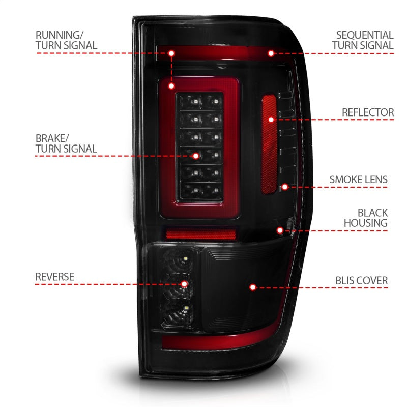 19-23 Ford Ranger ANZO 311447 Full LED Taillights w/ Lightbar Sequential Signal Black Housing - Smoke Lens