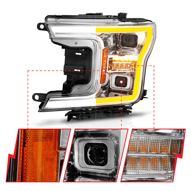 18-20 Ford F-150 ANZO 111571 Full LED Projector Plank Style Headlights - Chrome w/ Initiation & Sequential (For Factory Halogen Models Only)