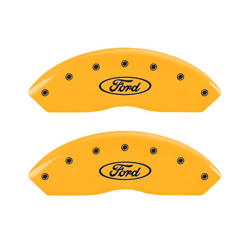 10-14 Ford Mustang MGP 10198SFRDYL 4 Caliper Covers Engraved Front & Rear Oval logo/Ford Yellow Finish Black Character