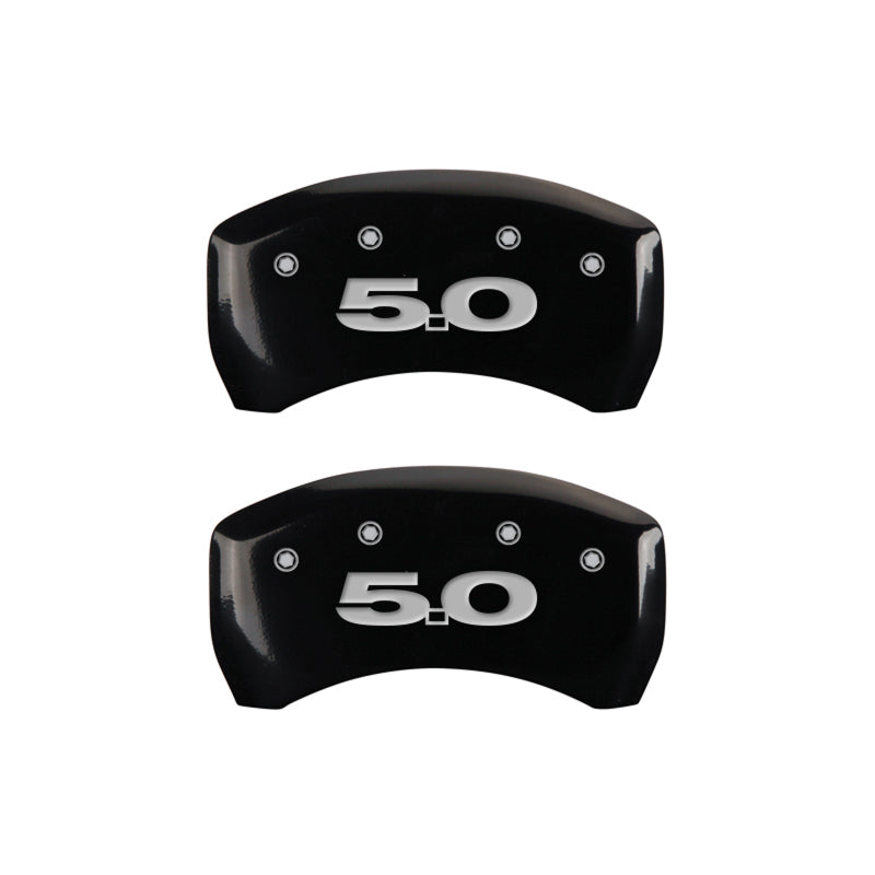 10-14 Ford Mustang MGP 10198SM50BK 4 Caliper Covers Engraved Front Mustang Engraved Rear 5.0 Black Finish Silver Character