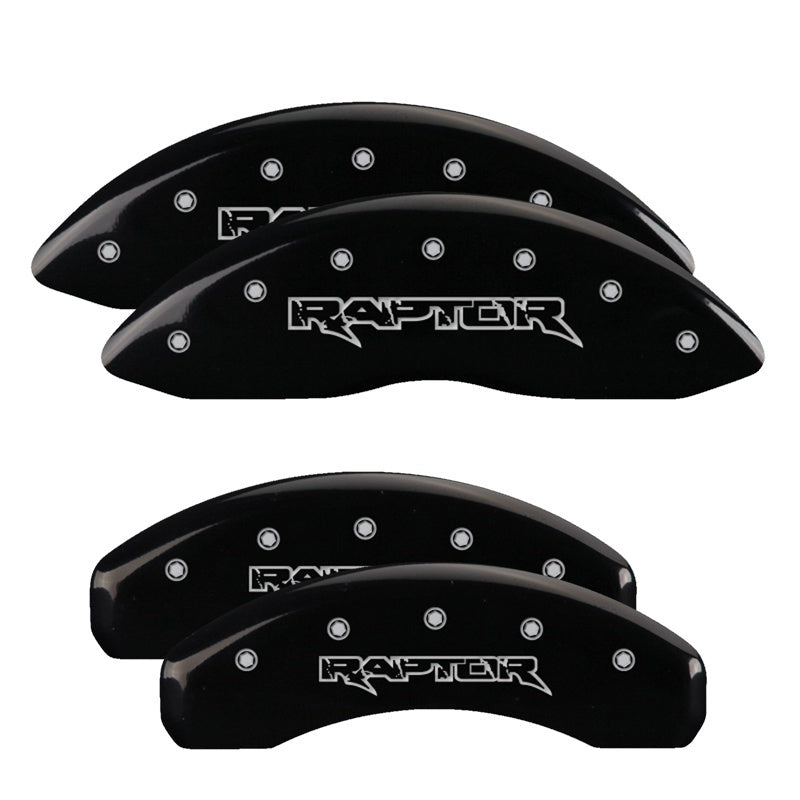 10-11 Ford F-150 MGP 10213SRPTBK 4 Caliper Covers Engraved Front & Rear Raptor Black Finish Silver Character