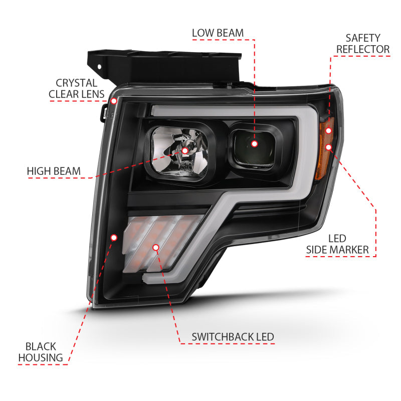 09-14 Ford F-150 ANZO 111469 Projector Plank Style Headlights - Black w/ Switchback Signal (For Halogen Model)